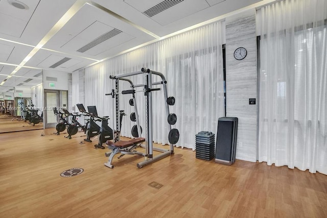 exercise room featuring light hardwood / wood-style floors