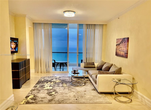 tiled living room with floor to ceiling windows and crown molding