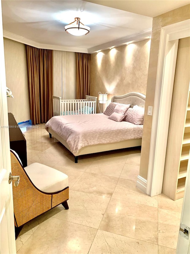 tiled bedroom featuring crown molding