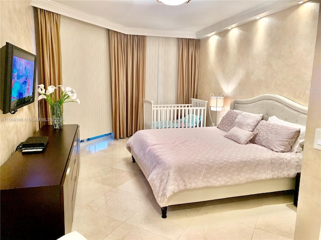 bedroom featuring ornamental molding and light tile floors