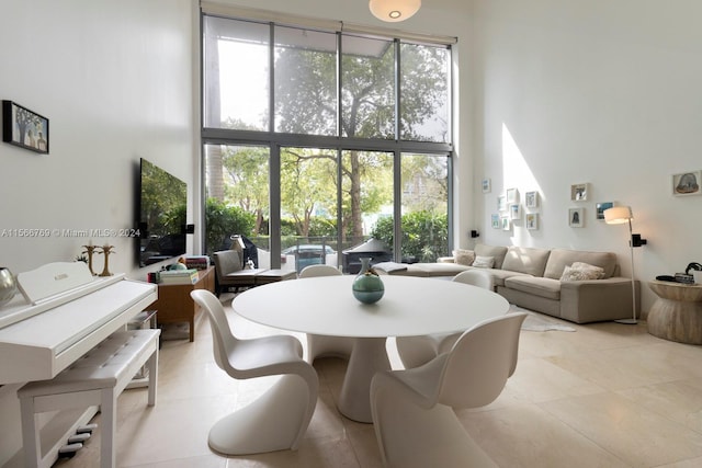 interior space with plenty of natural light, a high ceiling, and light tile floors