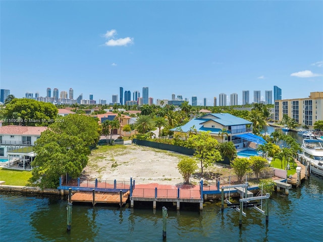 exterior space with a water view