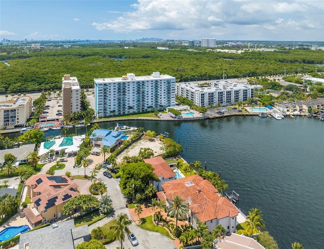 bird's eye view with a water view