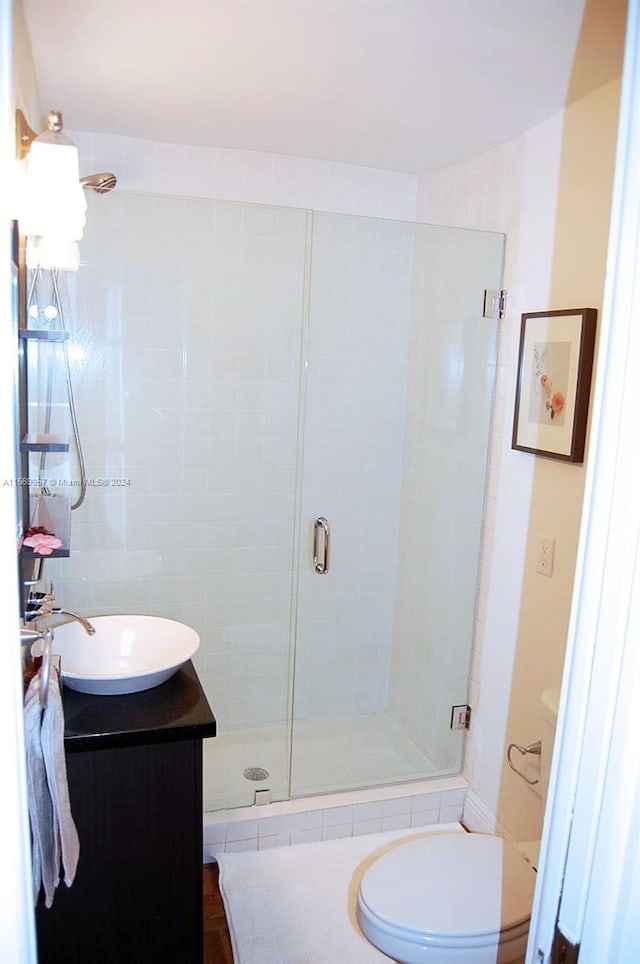 bathroom with a shower with shower door, toilet, and vanity