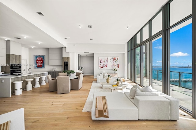 living room featuring sink, light hardwood / wood-style floors, a wall of windows, and a water view