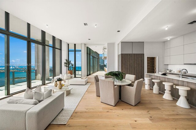 living room with a water view, sink, a wall of windows, and light wood-type flooring