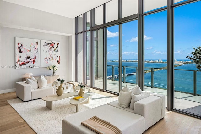 living room with a water view, plenty of natural light, a wall of windows, and light hardwood / wood-style floors