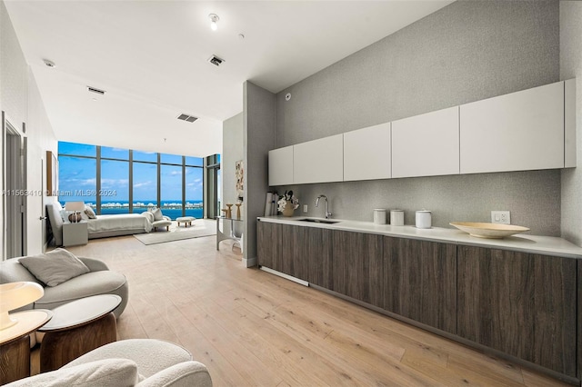 interior space with white cabinetry, backsplash, sink, floor to ceiling windows, and light hardwood / wood-style floors