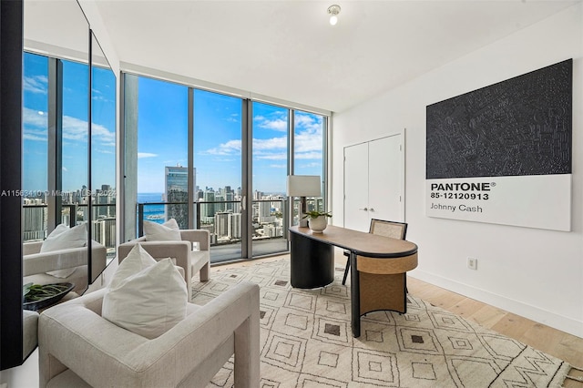 interior space featuring a water view, light hardwood / wood-style flooring, and expansive windows