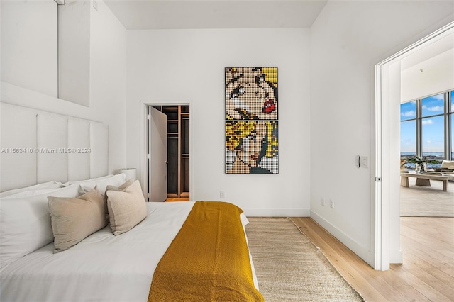 bedroom with a closet, a walk in closet, and light wood-type flooring