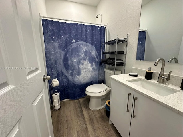 bathroom with toilet, vanity, and hardwood / wood-style floors