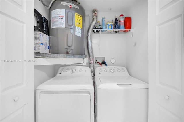 laundry area with washing machine and clothes dryer and water heater