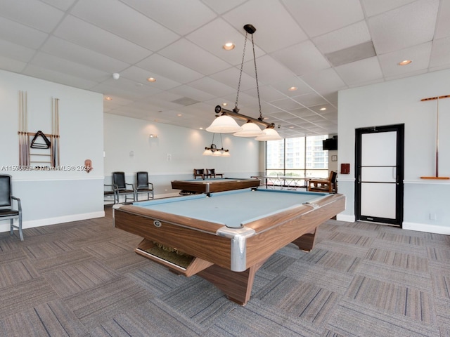 game room with pool table, a paneled ceiling, and carpet floors