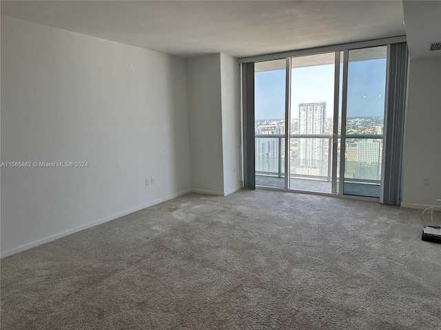 empty room featuring a wall of windows and light carpet