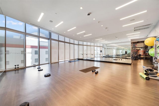 exercise room with hardwood / wood-style floors and expansive windows