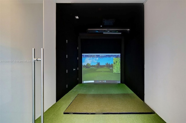 recreation room with carpet floors and golf simulator