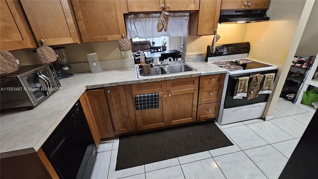 kitchen with sink, white electric range oven, dishwasher, and light tile floors