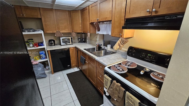 kitchen with sink, electric stove, light tile floors, and black dishwasher