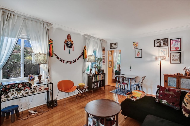 living room with crown molding and light wood-type flooring