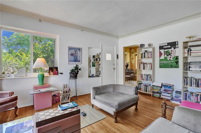 living room featuring ornamental molding and light hardwood / wood-style flooring