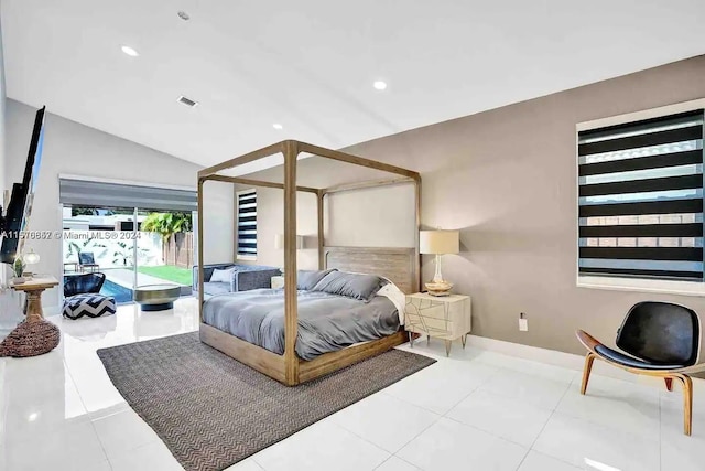 tiled bedroom featuring access to outside and vaulted ceiling