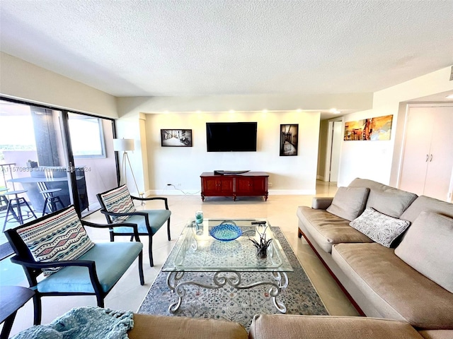 living room with a textured ceiling