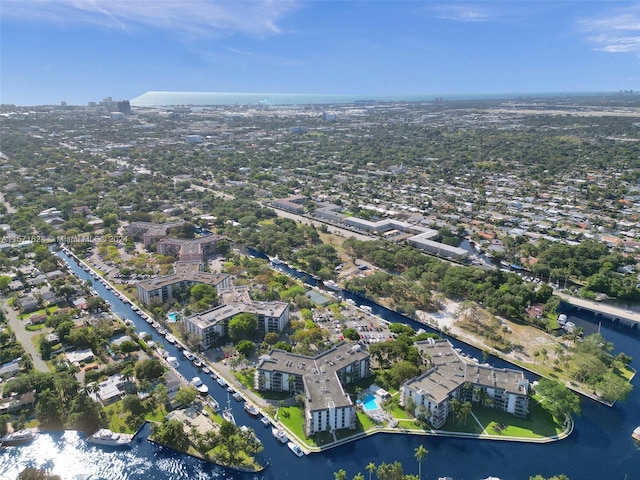 bird's eye view with a water view