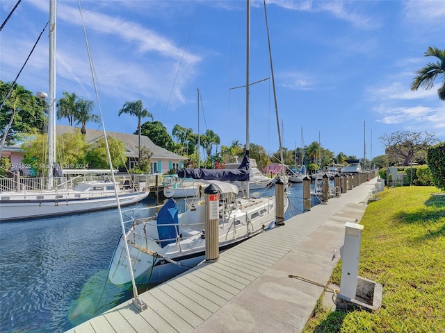 view of dock featuring a yard and a water view