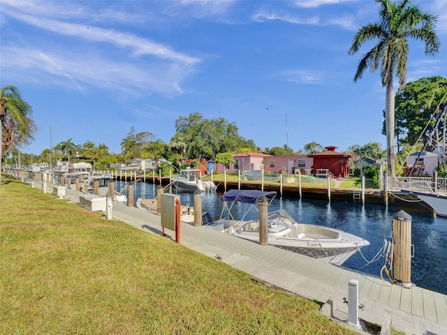 dock area featuring a yard and a water view