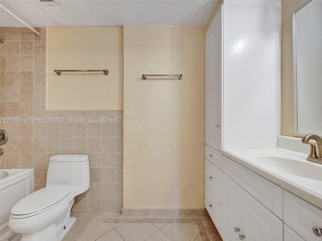 full bathroom featuring tile walls, toilet, vanity, shower / tub combination, and tile floors