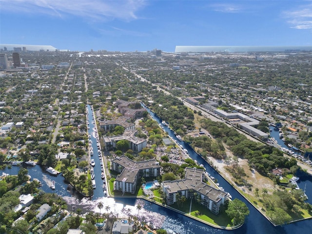 drone / aerial view featuring a water view