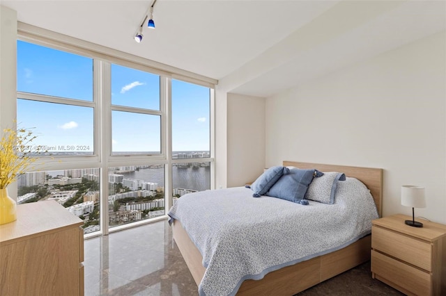 bedroom with floor to ceiling windows and rail lighting