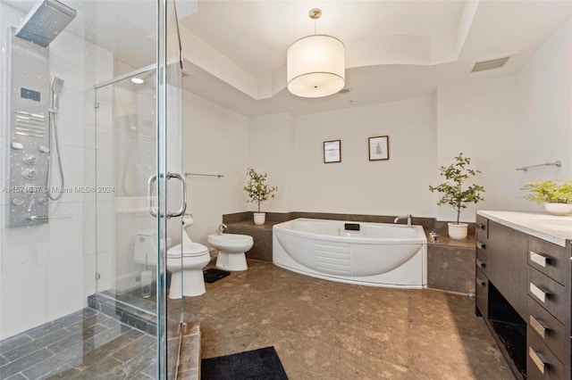 full bathroom featuring a bidet, vanity, separate shower and tub, and toilet