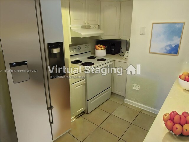 kitchen with light tile floors, white cabinets, white electric range oven, premium range hood, and stainless steel refrigerator with ice dispenser