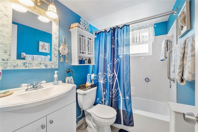 full bathroom featuring vanity, toilet, and shower / bathtub combination with curtain