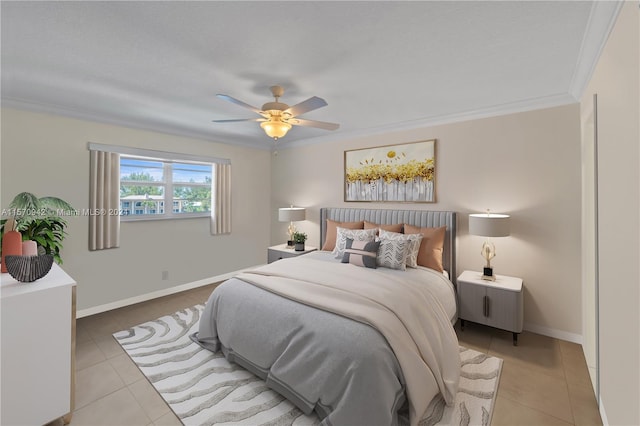 bedroom with ceiling fan, light tile patterned floors, and crown molding