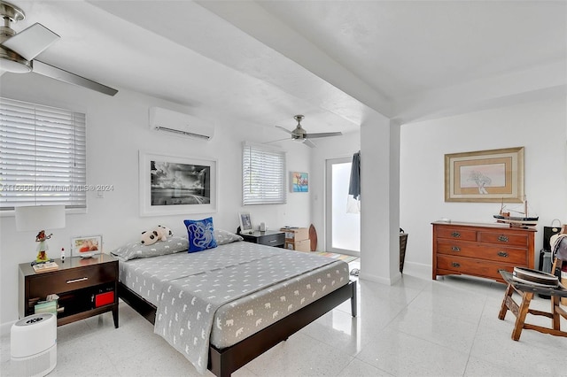 tiled bedroom featuring ceiling fan and a wall unit AC