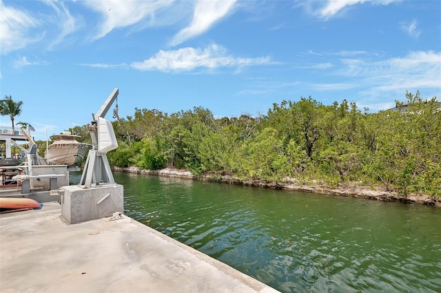 view of water feature with a dock