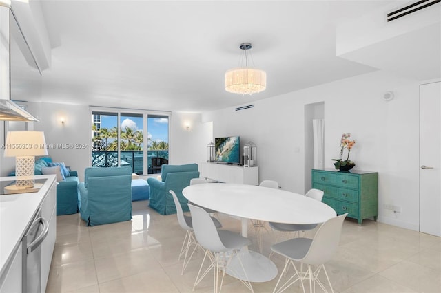 tiled dining space with a wall of windows