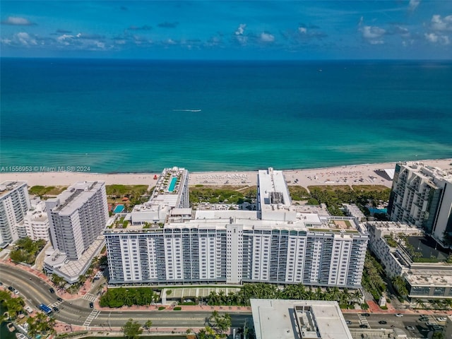 aerial view with a water view and a view of the beach