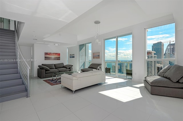 living room with light tile flooring