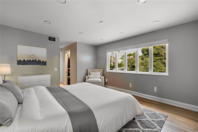 bedroom with a closet, light hardwood / wood-style floors, a spacious closet, and multiple windows