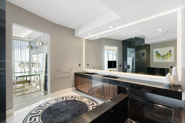 bathroom with hardwood / wood-style floors and a raised ceiling