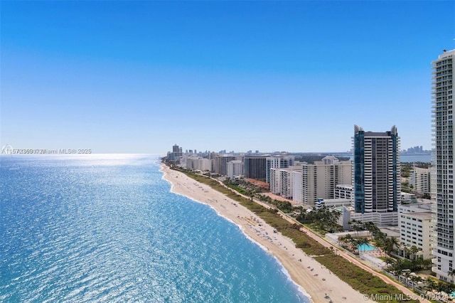 bird's eye view with a water view, a city view, and a view of the beach