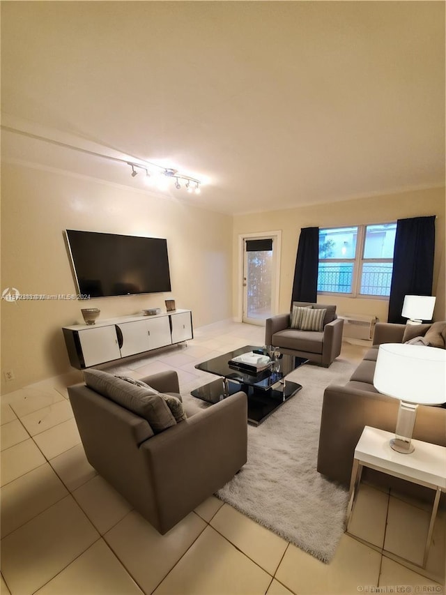 tiled living room with rail lighting