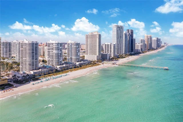 drone / aerial view featuring a beach view and a water view