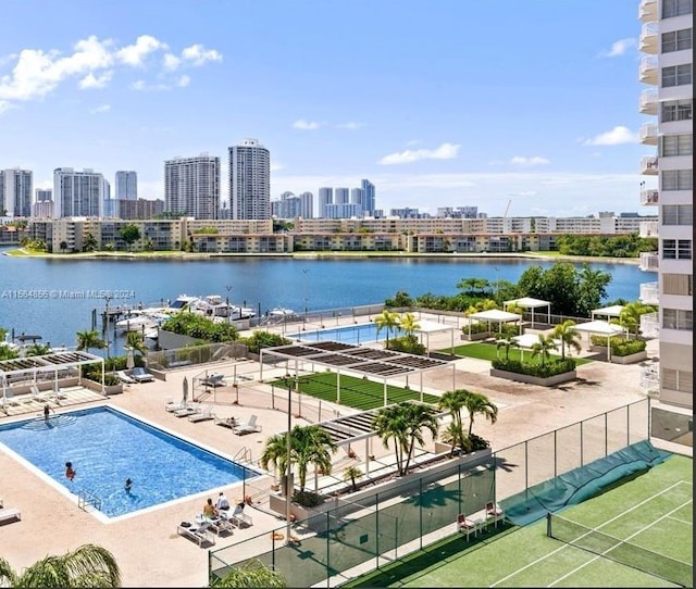 view of swimming pool with a water view and a patio