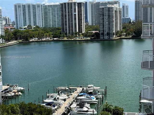 property view of water with a dock