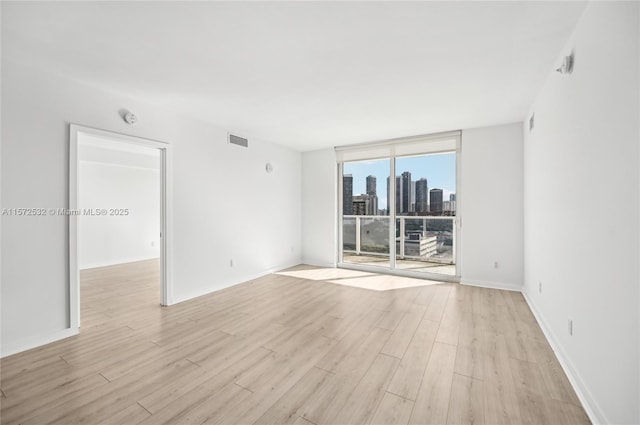 empty room featuring expansive windows and light wood-type flooring