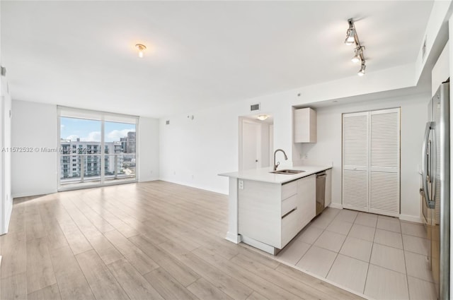 kitchen with kitchen peninsula, rail lighting, expansive windows, stainless steel appliances, and sink